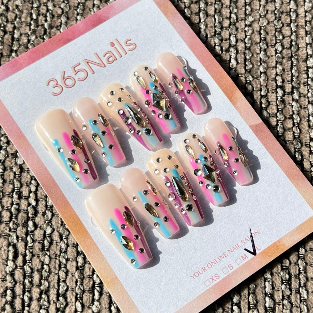 365nails「霓虹之夜」3D 抽象藝術 手工製 穿戴甲 長款 棺材形