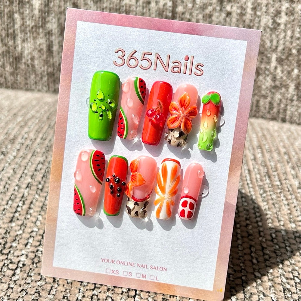 365nails: "Fruit Splash" – 3D Sculpted Handmade Long Square Press On Nails