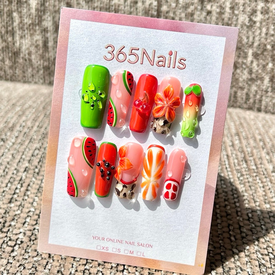365nails: "Fruit Splash" – 3D Sculpted Handmade Long Square Press On Nails