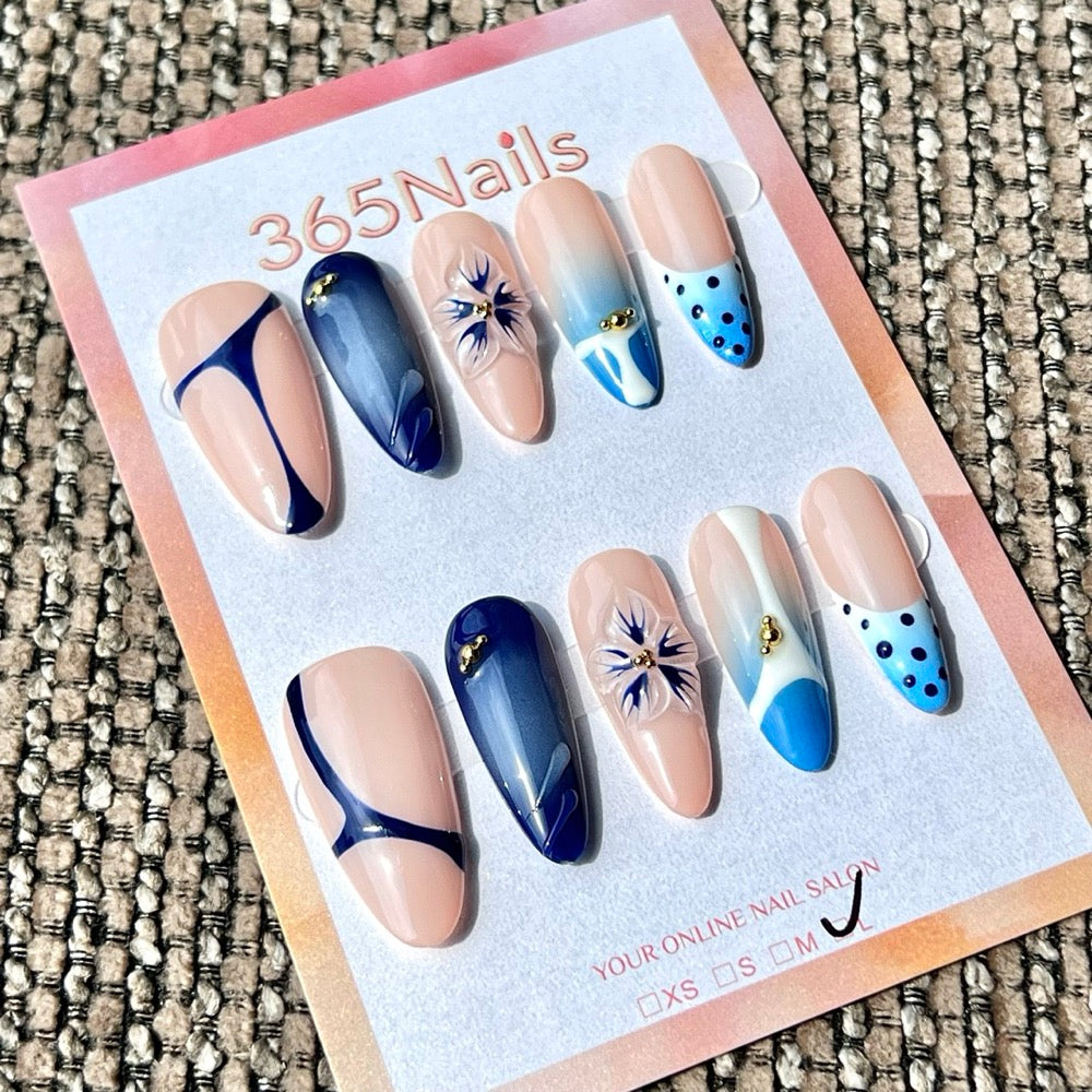 365nails 누드 블루 플라워·웨이브 믹스 — 수제 스틸레토 중간 길이 프레스온 네일