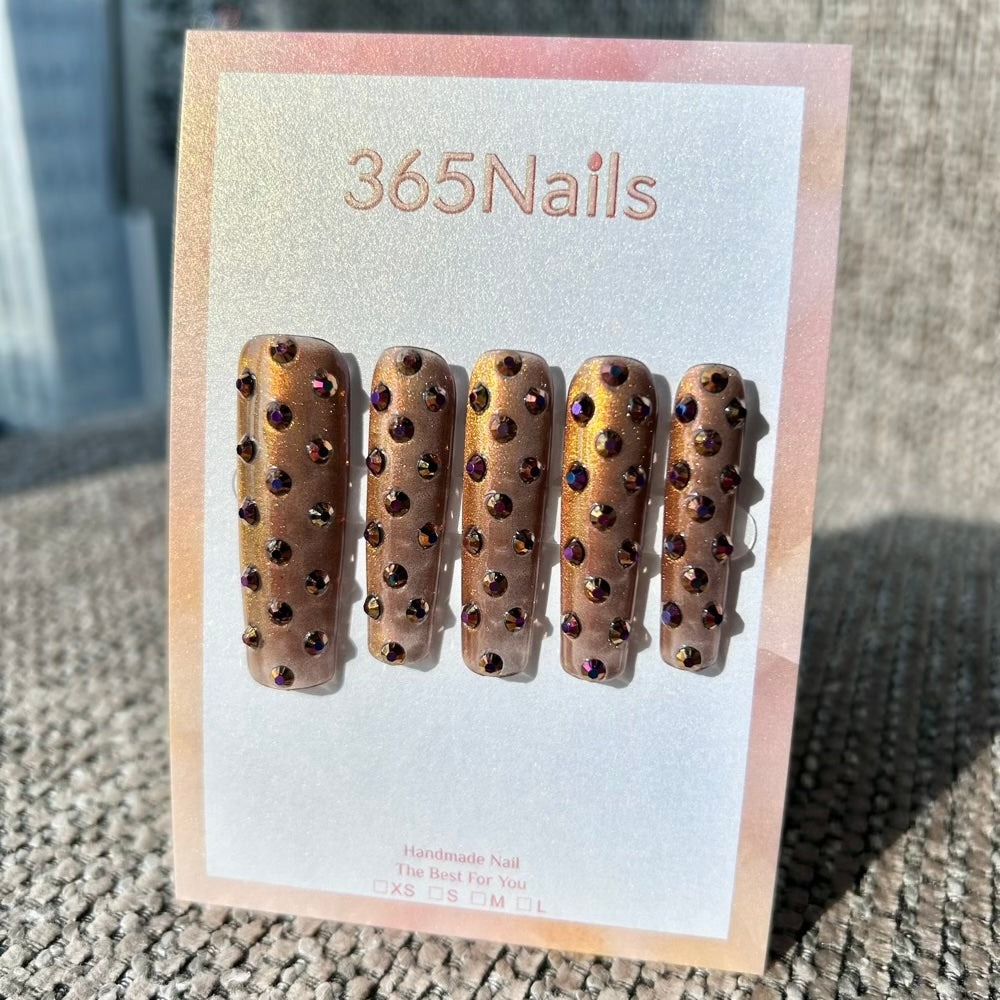 Caramel Mocha Crystal Press On Nails｜Gold Brown Long Square | Starry Glitter · Sparkling Series