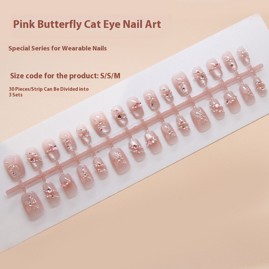 Pontas de unha pré-fabricadas, unhas de pressão removíveis em formato de borboleta, peça de unha estilo olho de gato com efeito de luz, remendo de unha curta em T, modelo de broca ｜ 365nails