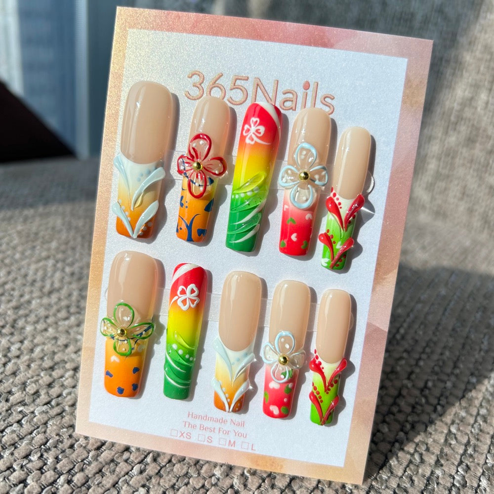Handmade Tropical Sunset 3D Wire Flower Press-on Nails | Airbrushed Gradient & Abstract Art | Long Coffin