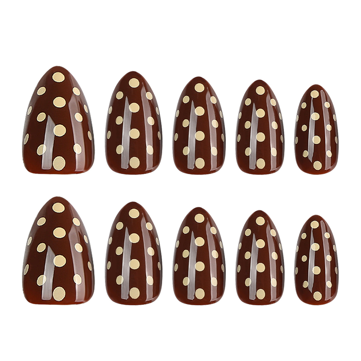 Twenty-four brown press-on nails with cream polka dots