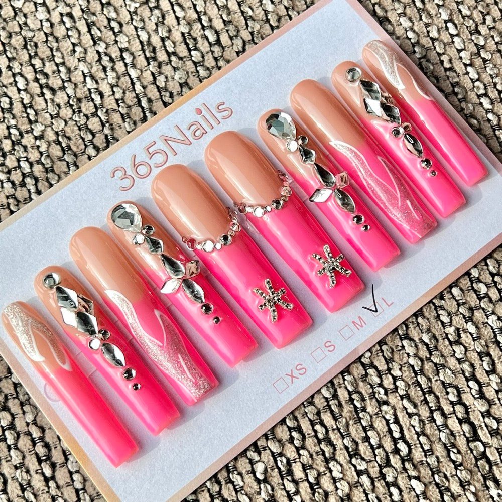 365nails: "Pink Nude Rhinestone" – Handmade Long Trapezoid Press-On Nails