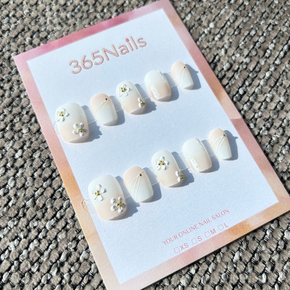 Sweet & Dopamine: "Oat Milk Daisy" – Nude & White Ombre, 3D White Flower, Silver Wire & Gold Studs Short Square Press-on Nails