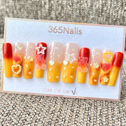 365nails: "Coucher d'agrumes" – ongles forme coffin, motifs fruits 3D, fait main
