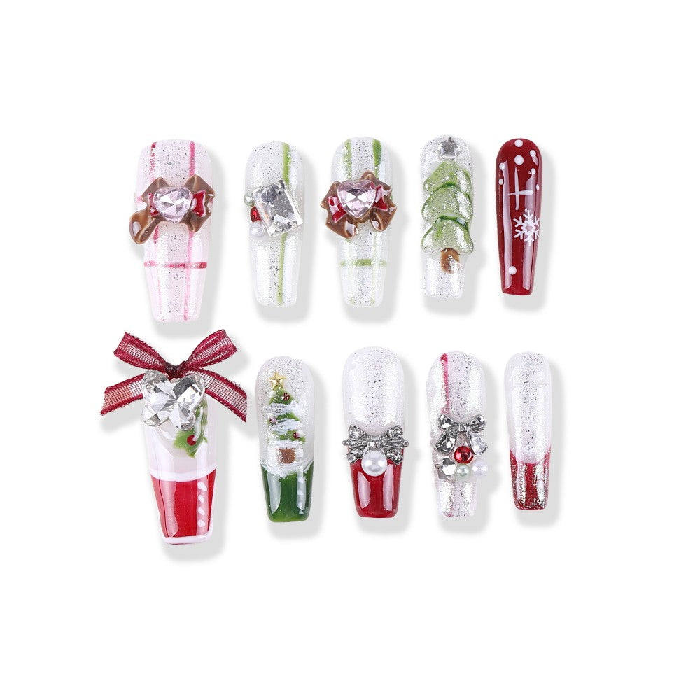 Christmas Silver Snow Gift Box Bow Medium Coffin Shape press on nail