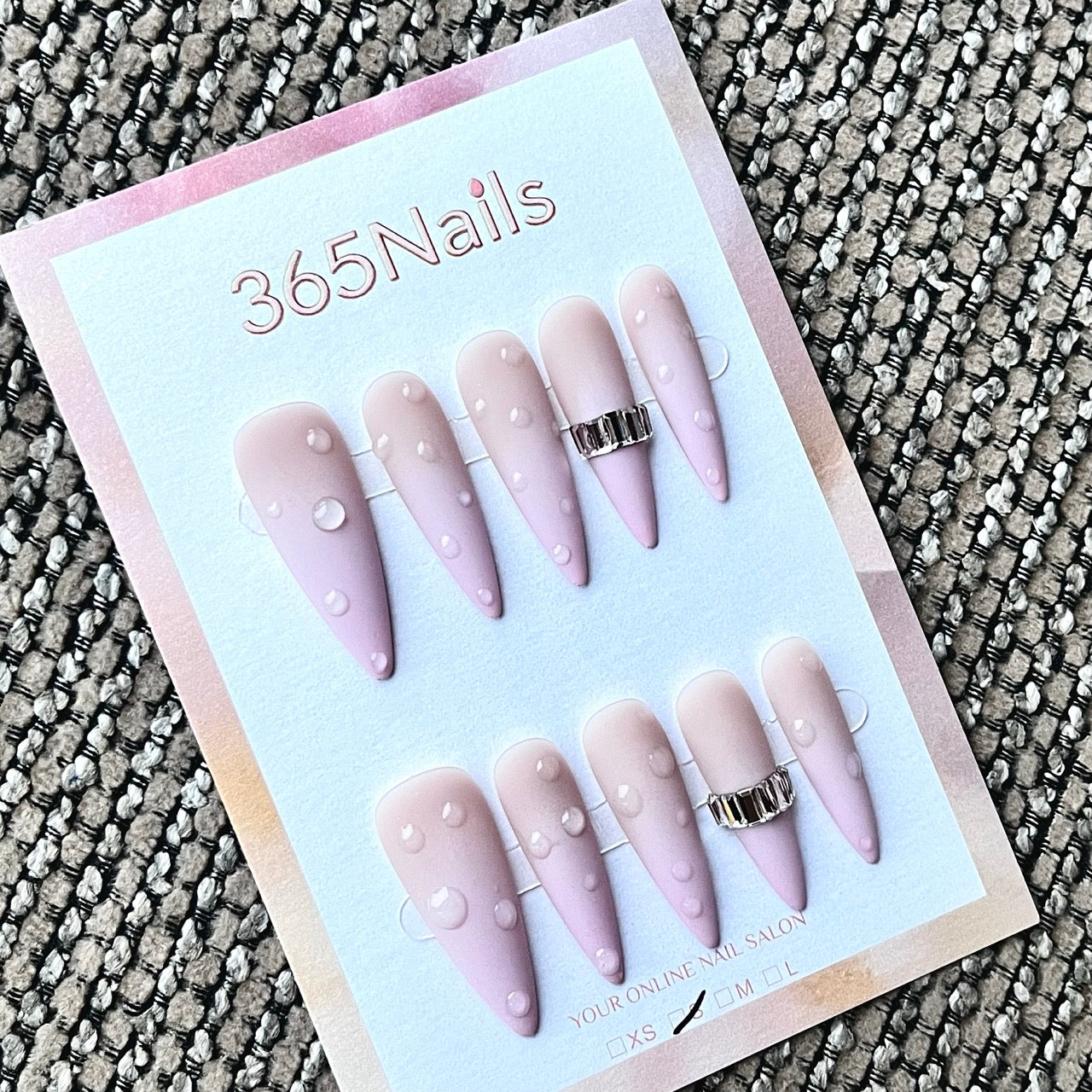 Nude Pink Ombre Matte Press-On Nails with 3D Waterdrop & Rhinestone Accents