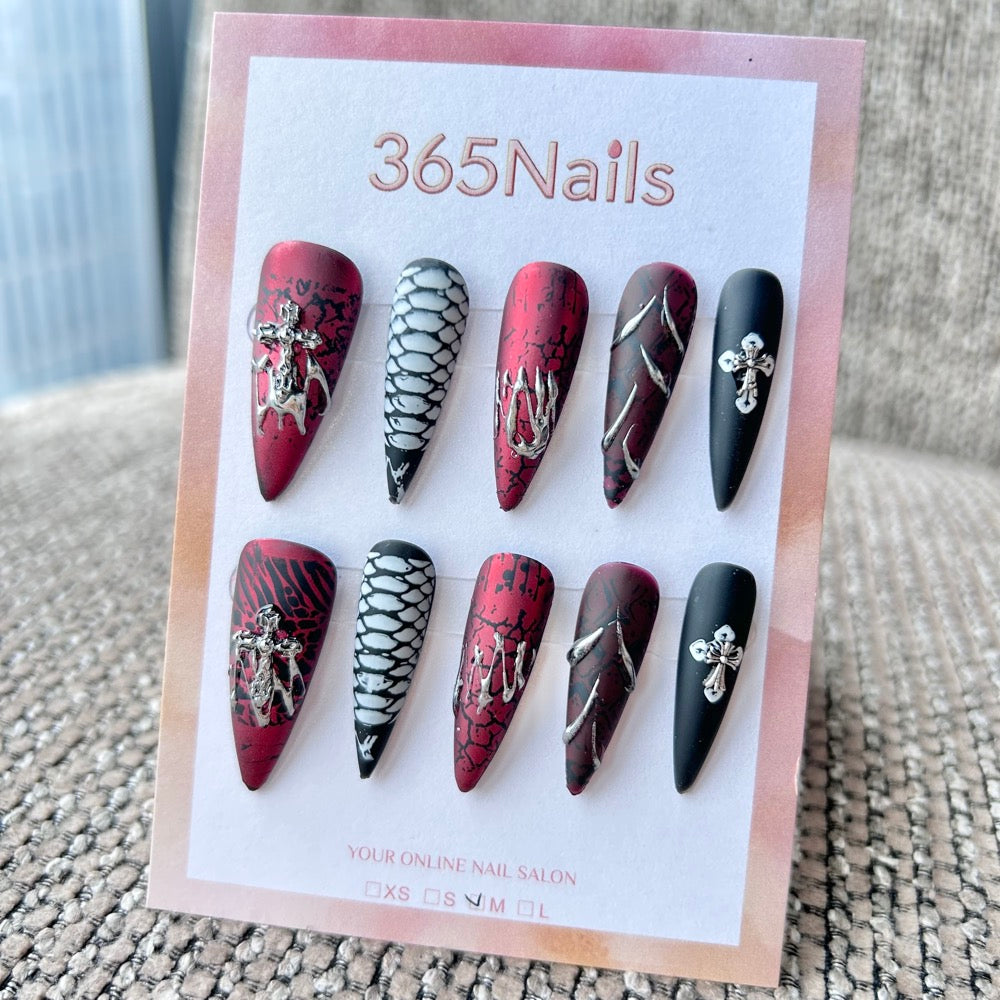 Femme Fatale: "Blood Oath" – Matte Red Crackle & Snake Scales, Liquid Silver Chrome & Cross Charm Long Stiletto Nails