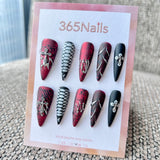 Femme Fatale: "Blood Oath" – Matte Red Crackle & Snake Scales, Liquid Silver Chrome & Cross Charm Long Stiletto Nails