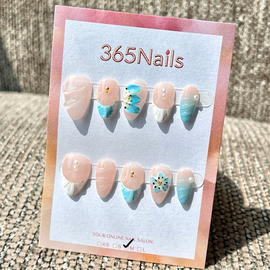 365nails 누드 블루 쉘 플라워 3D 수제 미디엄 스틸레토형 프레스온 네일