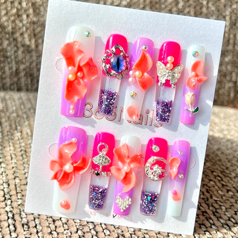 365nails: "Neon Fantasy Bloom" – Handmade Liquid Motion Press-On Medium Square Nails-4cm