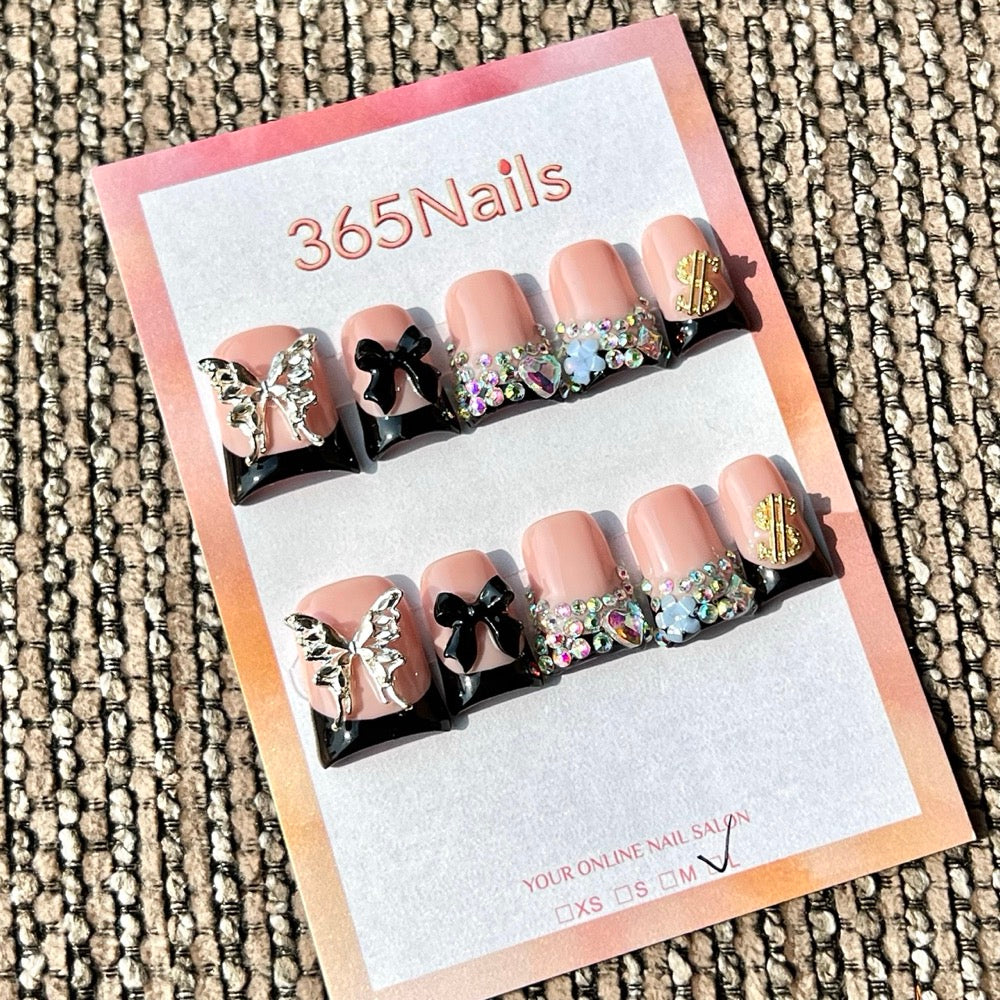 365nails: "Black Pink Butterfly Money Short" – Unhas Postiças Curtas Trapezoidais Feitas à Mão