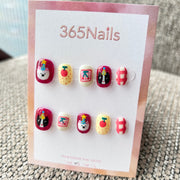 Cartoon & Dopamine: "Birthday Party Cats" – 3D Party Hat Cats, Hand-Drawn Cherry & Red Plaid Short Nails