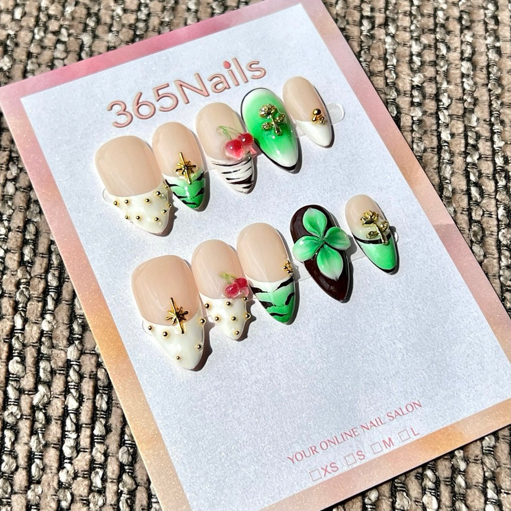 365nails: "Lucky Clover" – 3D Floral & Gem Handmade Medium Almond Press On Nails