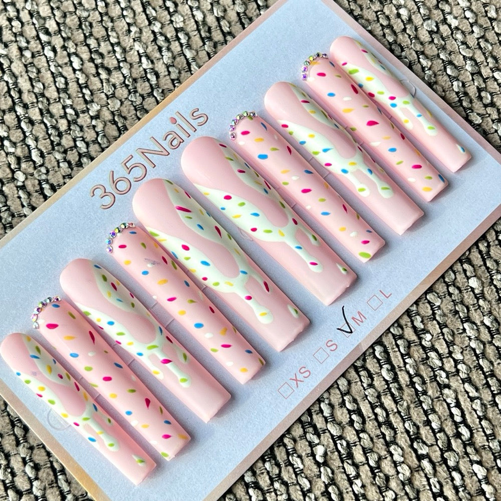365nails: "Pink Ice Cream Drip" – Handmade Long Trapezoid Press-On Nails