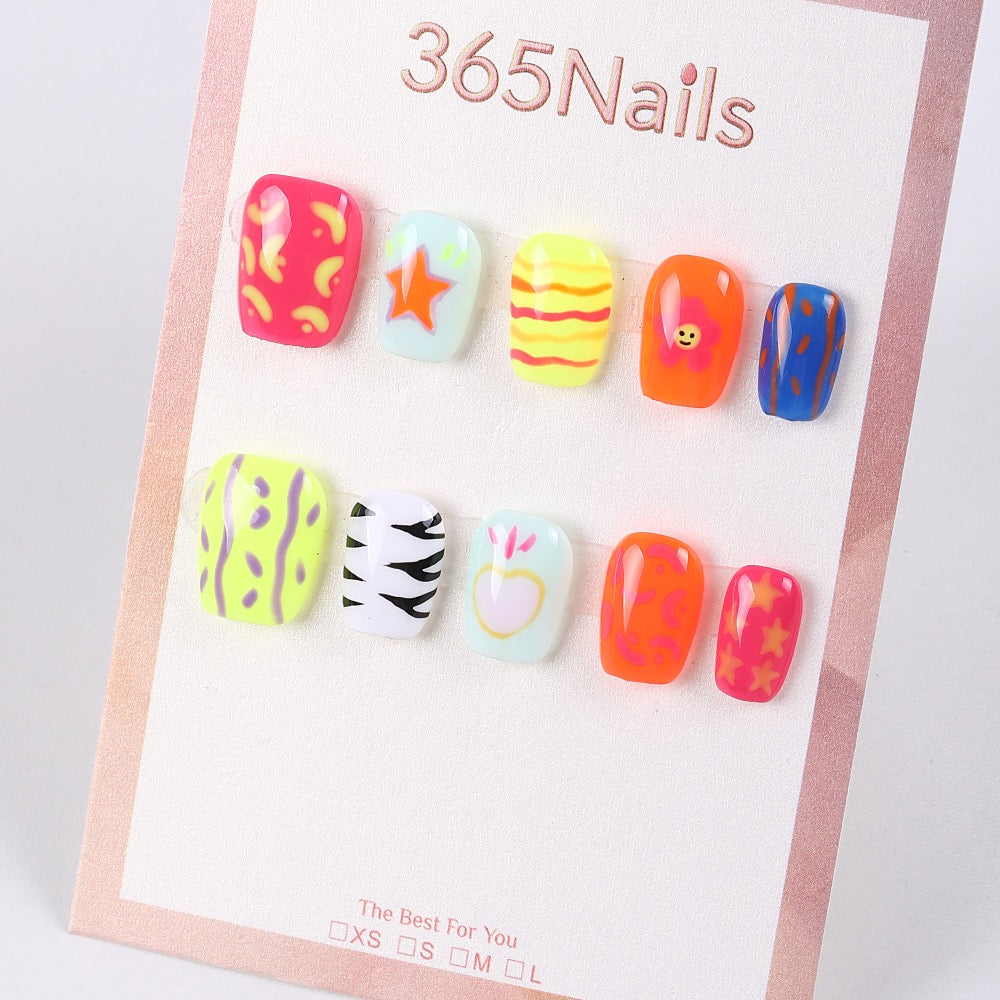 365Nails Neon Doodle Hand‑Painted Short Tips