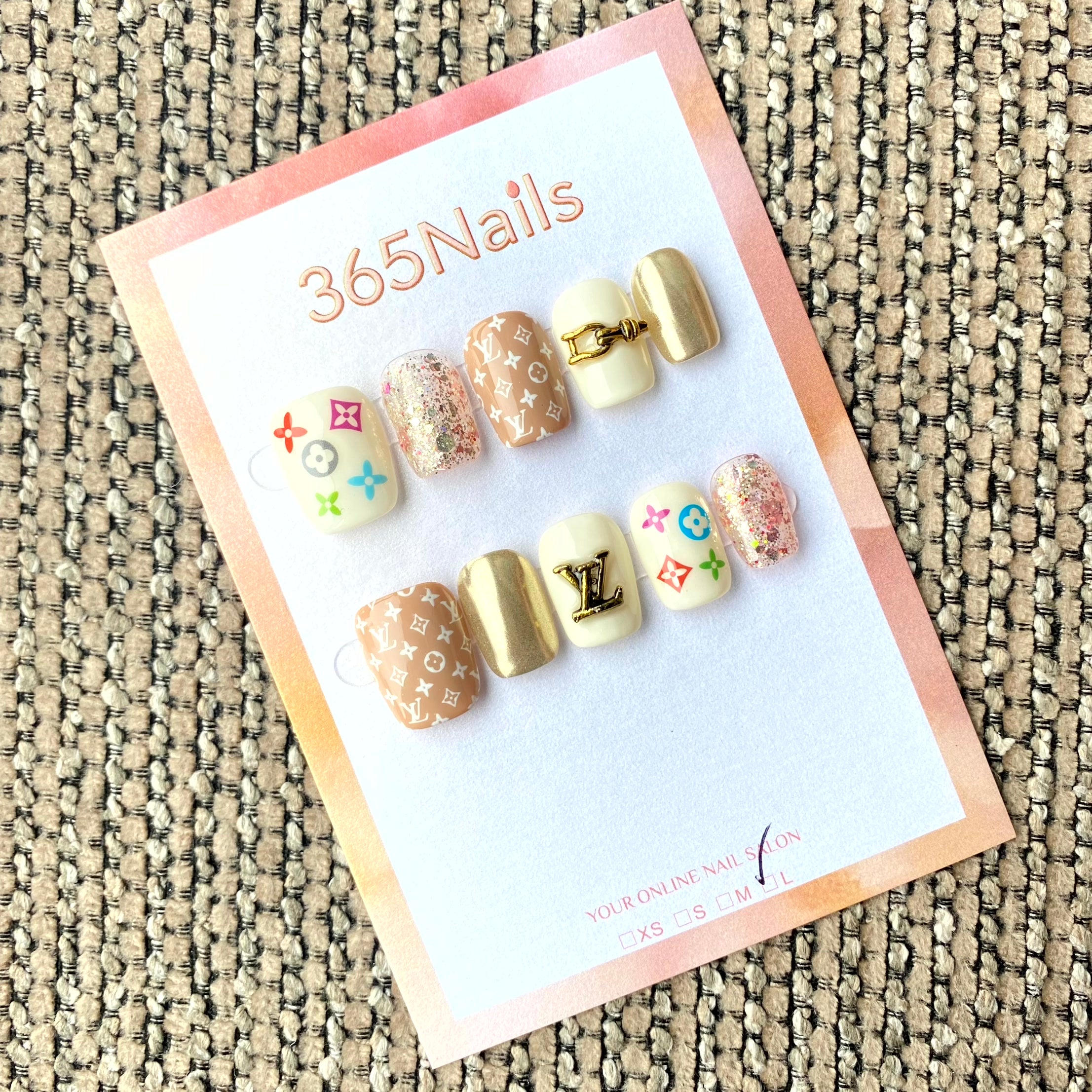 Luxury Logo 365nails: "Rainbow Monogram" – Colorful Pattern & Gold Chrome Handmade Squoval Nails