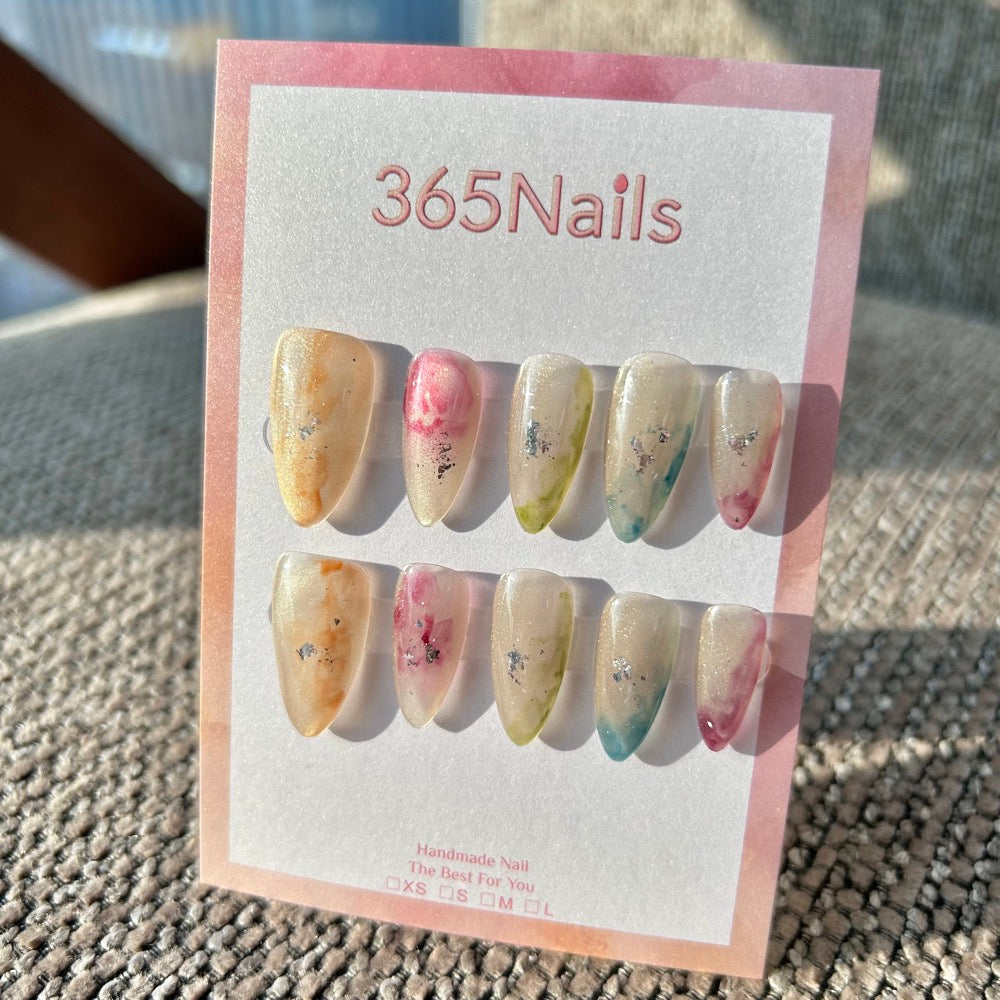 Cloud Dream Garden & Watercolor Poem Icy Multi-Color Smudge & Silver Foil Nails ｜ Handmade Smudge Series(moq=30)