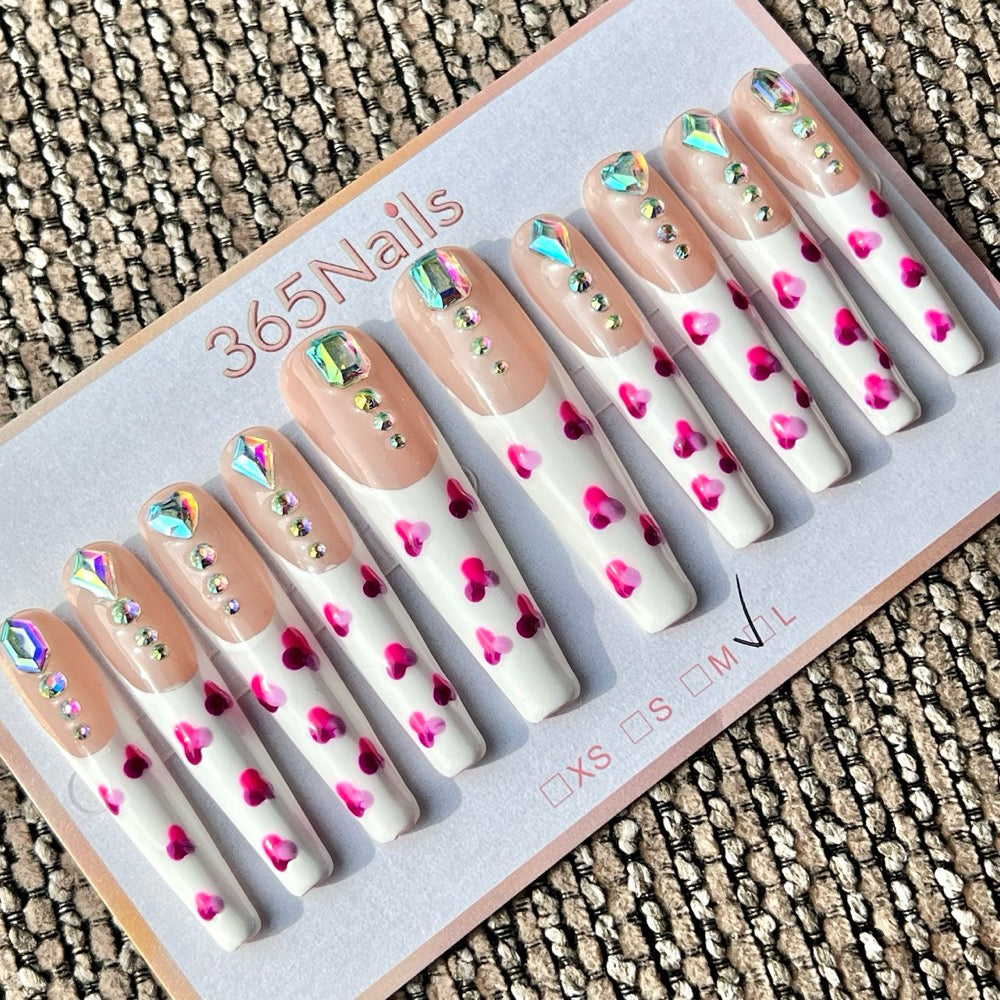 365nails: "Pink Heart Rhinestone Long" – Handmade Long Trapezoid Press-On Nails