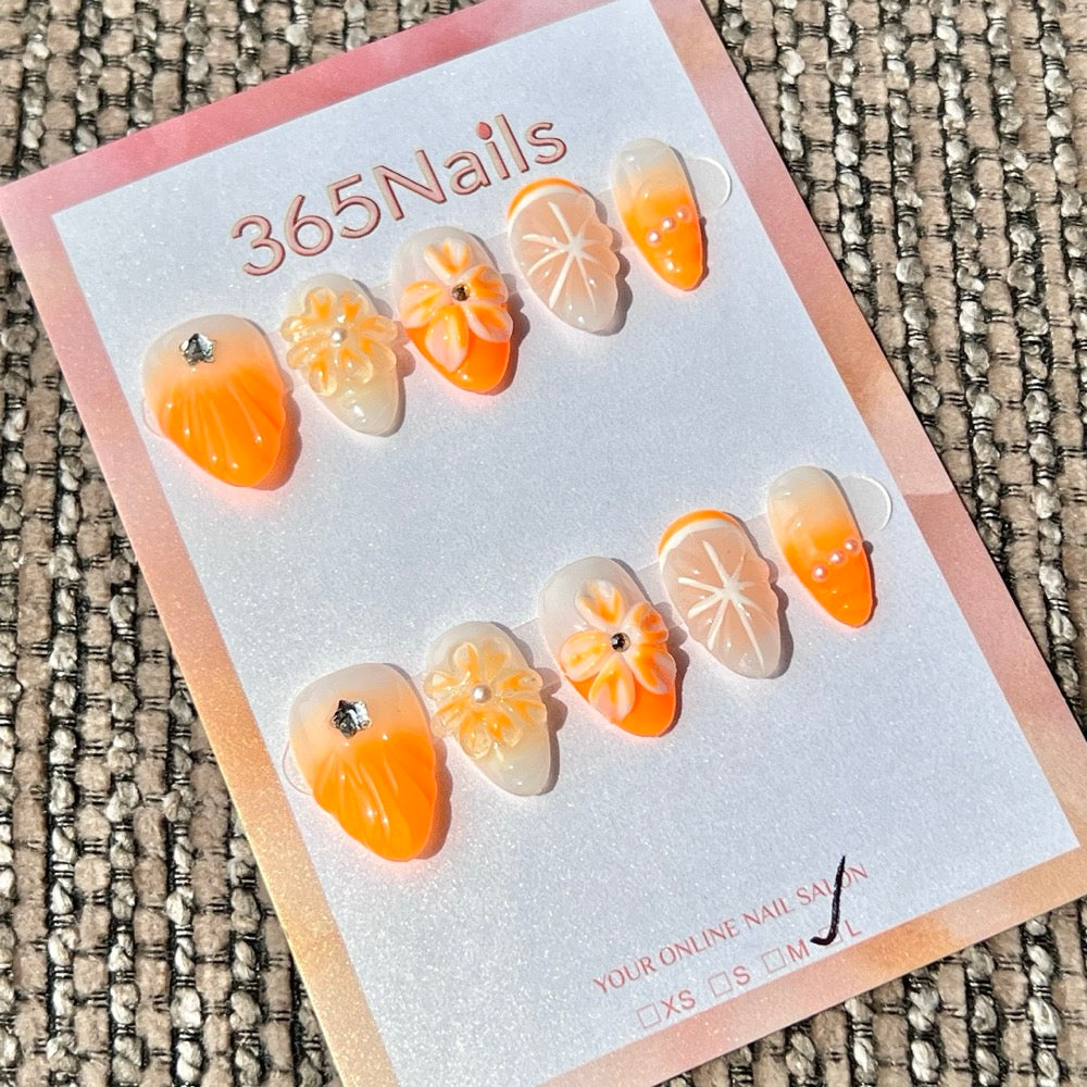 365nails: "Orange Citrus Flower Rhinestone" – Handmade Medium Stiletto Press-On Nails