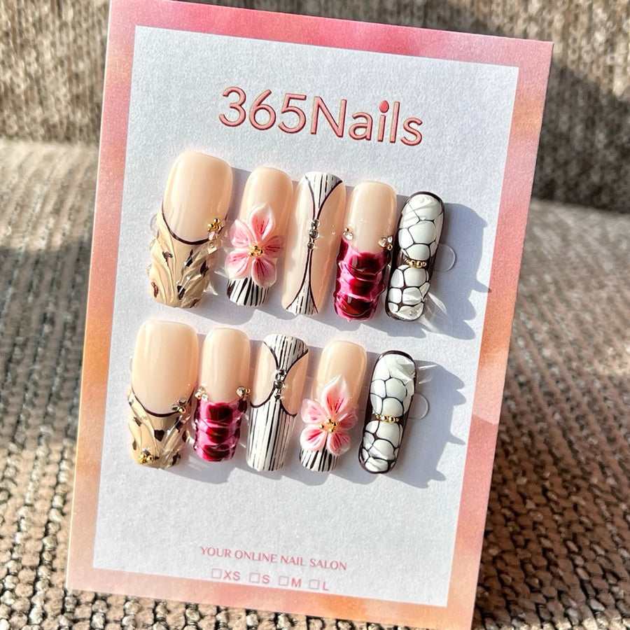 365nails: "Nude Floral Print" – Handmade Medium Square Press-On Nails