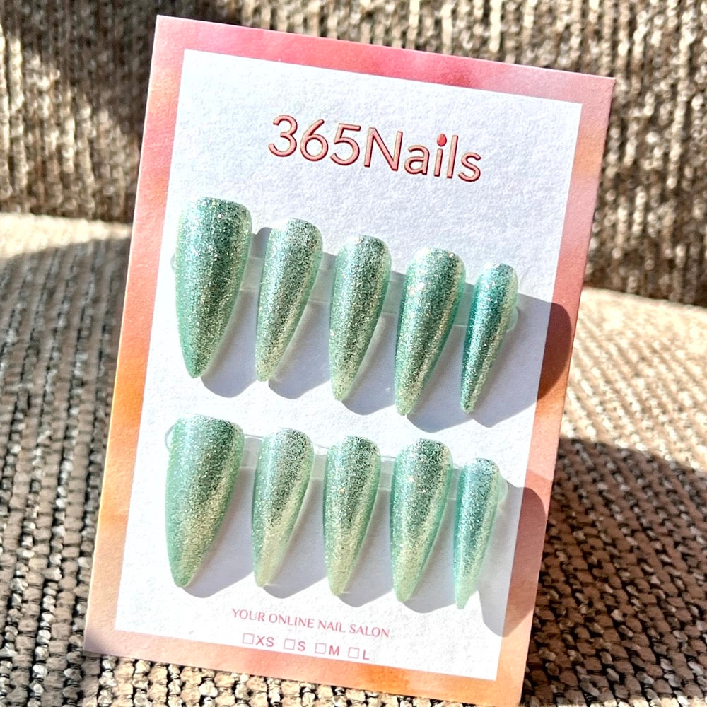 "Dazzling Mint Green" - Glitter Handmade Nails (3 Shapes Available)