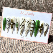 365nails: "에메랄드 엔비" – 3D 플로랄 & 추상 아트 수제 롱 스틸레토형 네일