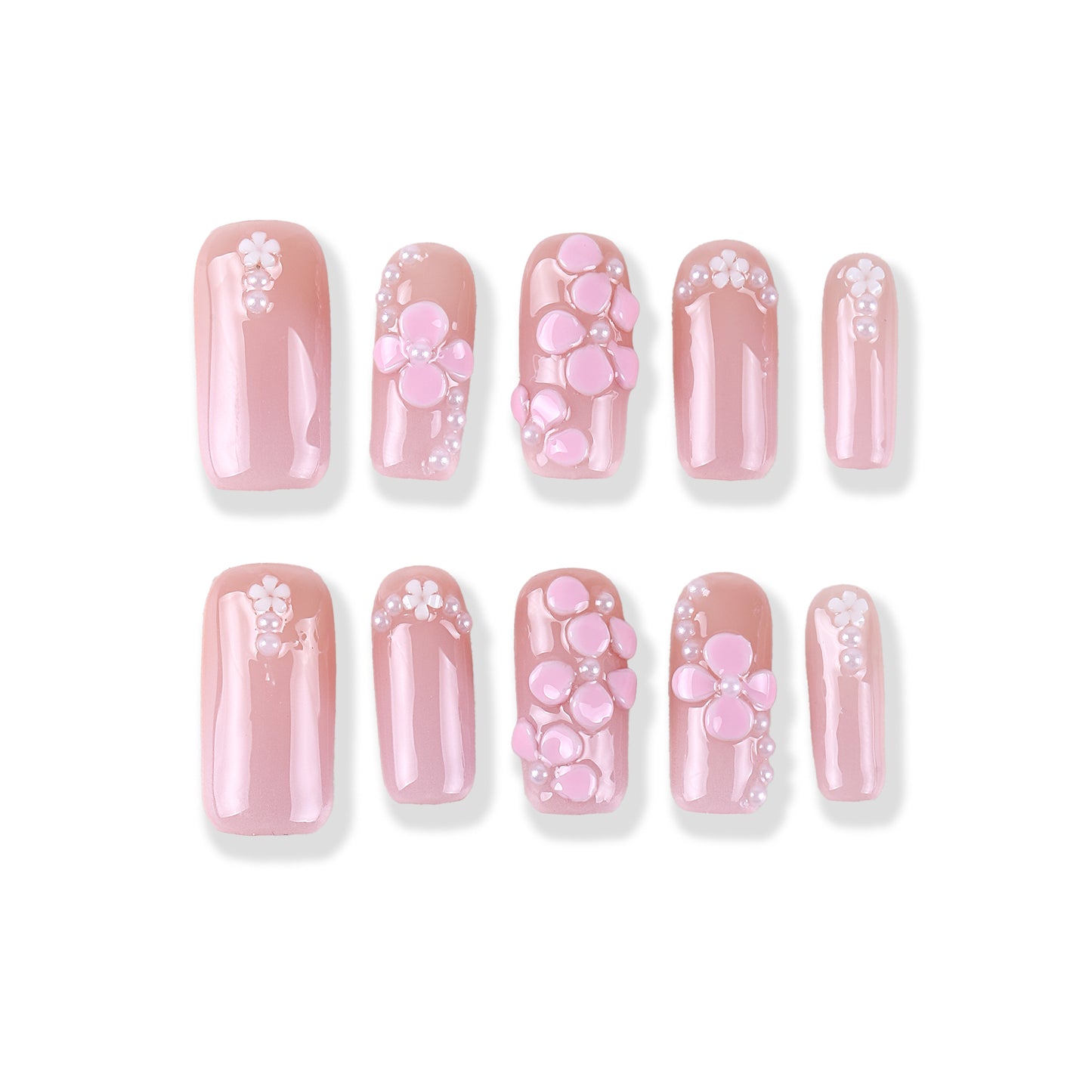 Nude pink jelly 3D petal pearls press on nail