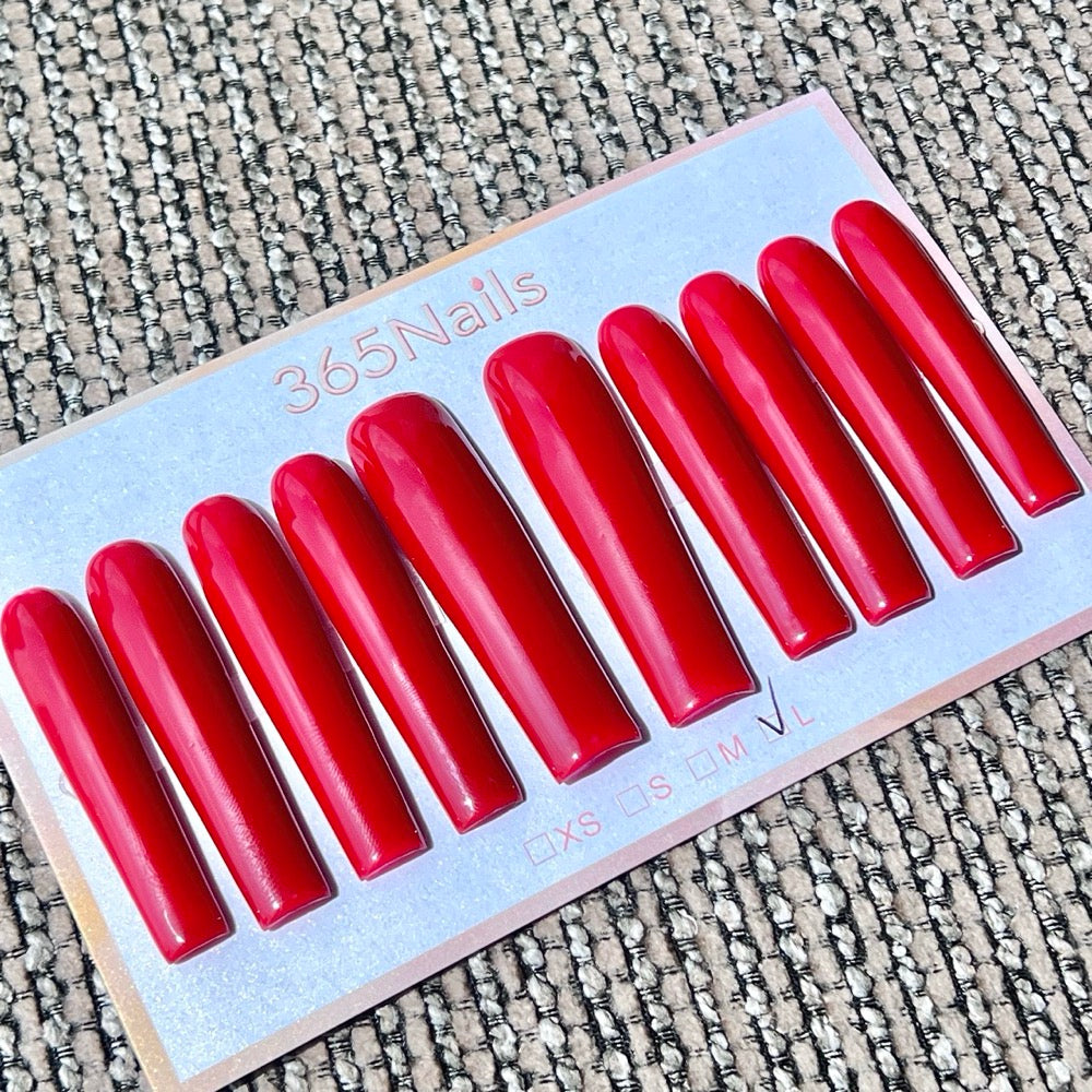 365nails: "Crimson Velvet" – 선명한 레드 단색 수제 프레스온 롱 스퀘어형 네일