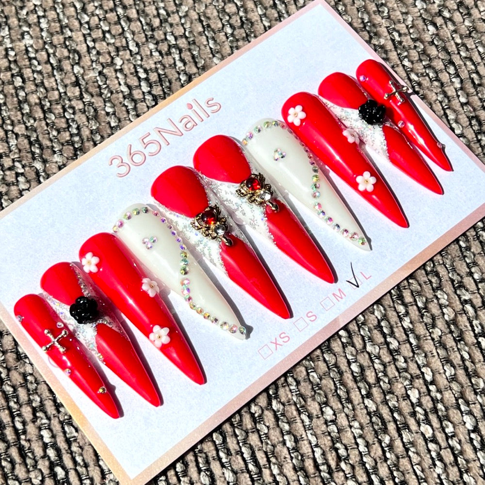 365nails: 「緋紅浪漫」– 3D 花卉與水鑽 手工製 長款 尖形 穿戴甲
