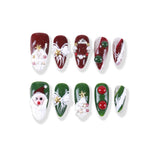 Christmas red and green medium almond hand-painted snow scene with Santa Claus press on nails
