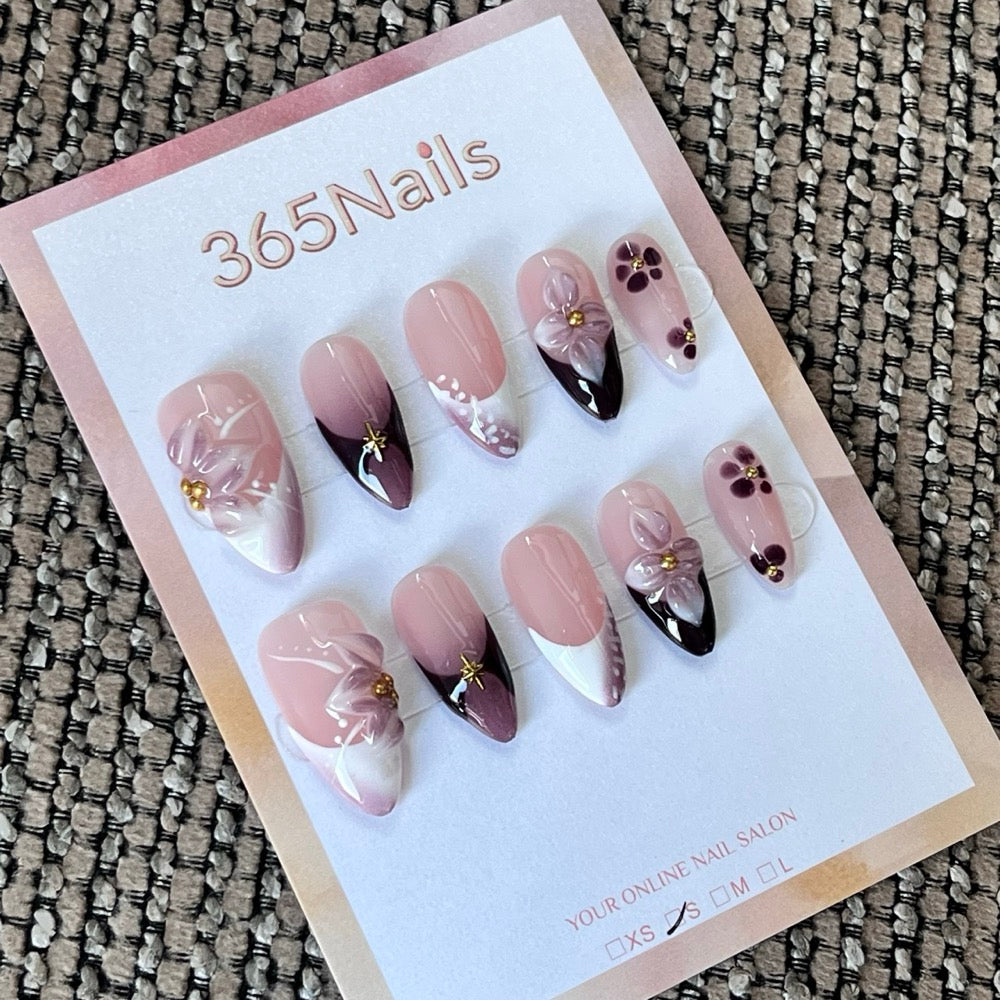 Plum Petal Noir - Mauve 3D Floral Press-On Nails