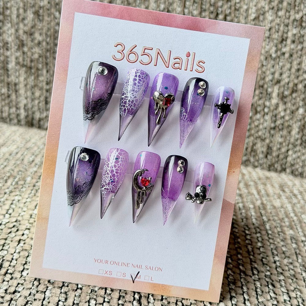 365nails: "Purple Gothic Lace Moon Skull" – 3D Red Heart Metal Charm Handmade Long Stiletto Nails