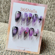 365nails: "Purple Gothic Lace Moon Skull" – 3D Red Heart Metal Charm Handmade Long Stiletto Nails