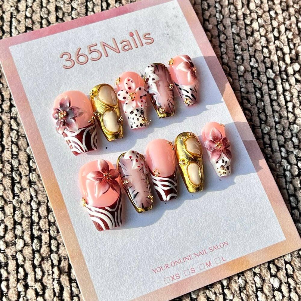 365nails: "Pink Floral Leopard" – Handmade Medium Square Press-On Nails