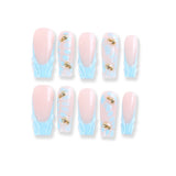 Nude and Blue Wave Press-On Nails with Gold Bead Accents