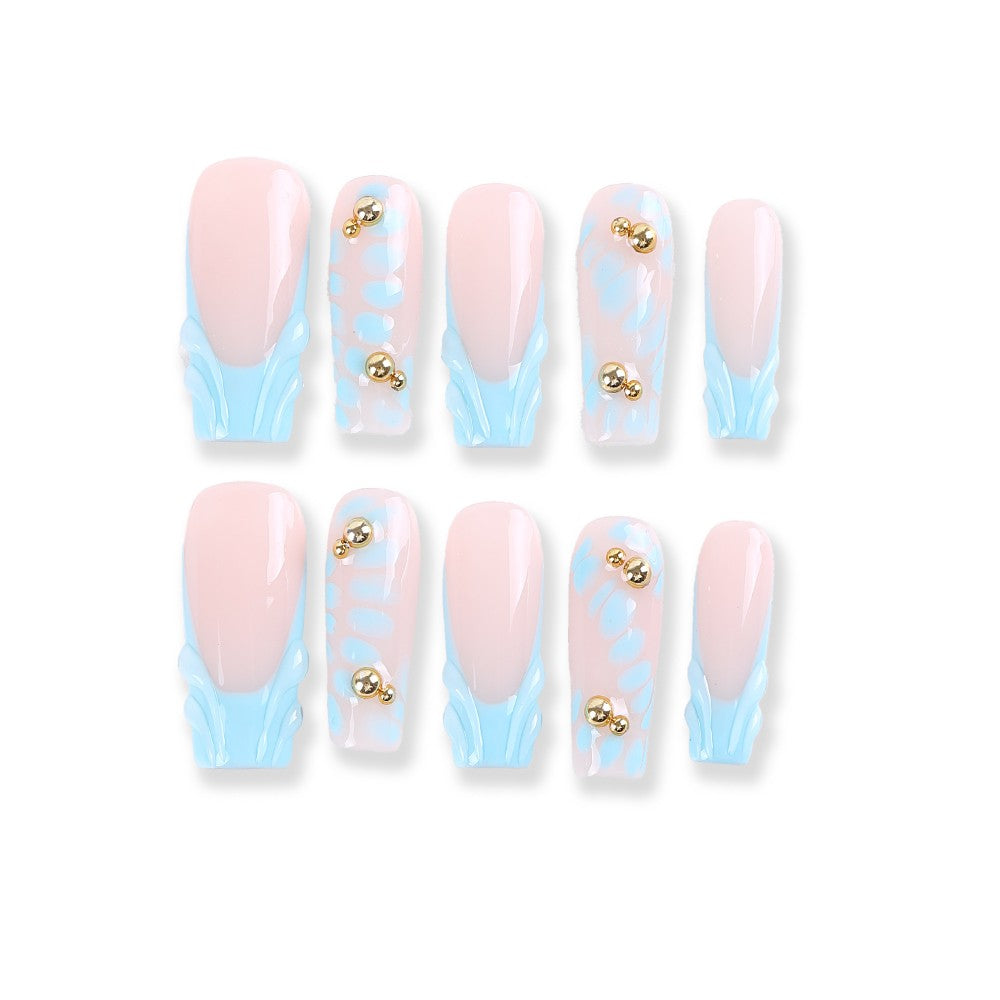 Nude and Blue Wave Press-On Nails with Gold Bead Accents