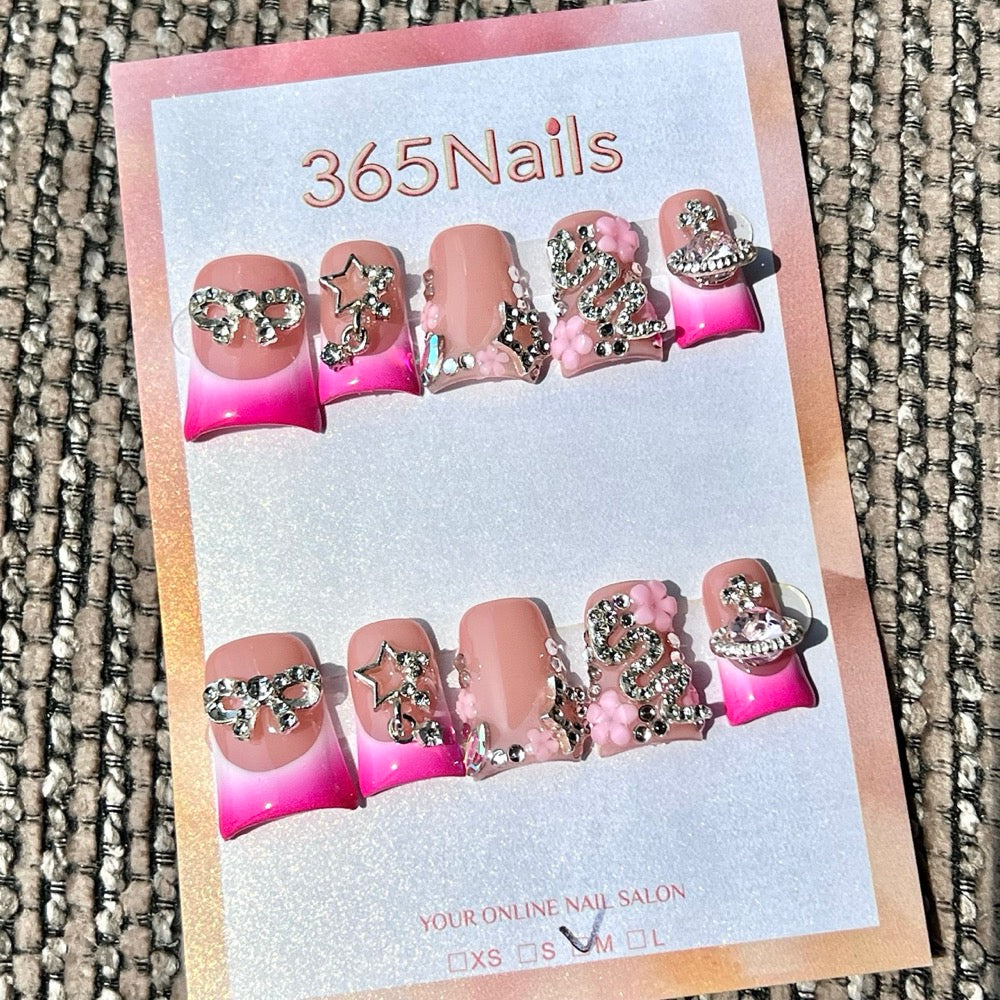 365nails: "Pink Gradient Bow Star Snake Short" – Handmade Short Trapezoid Press-On Nails