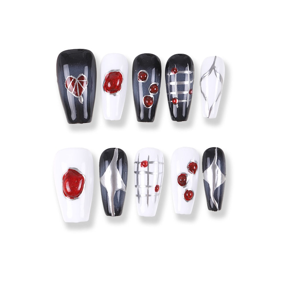 365Nails Monochrome Press-On Nails with Red Glass Drops and Grid Lines