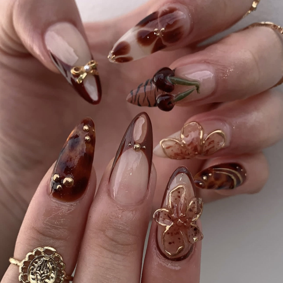 3D French Floral Glossy Pink White Almond Short Press On Nails – Design 41