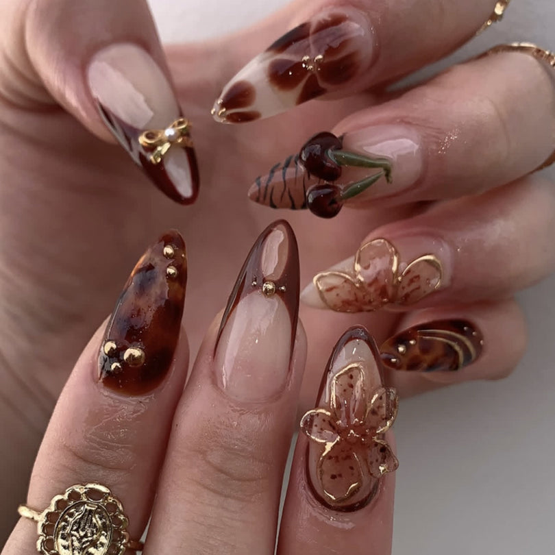 3D French Floral Glossy Pink White Almond Short Press On Nails – Design 41