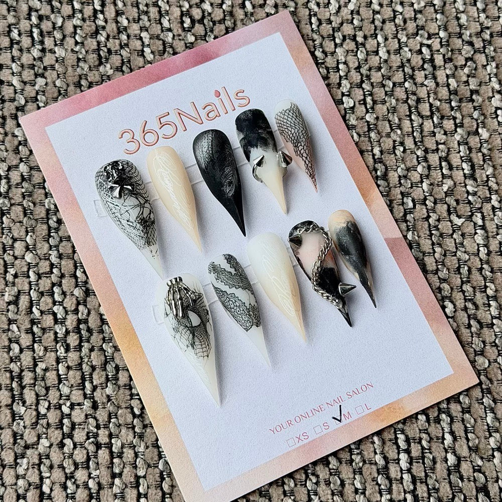 365nails: "Gothic Skeleton Lace" – 3D Metal Charm Handmade Stiletto Press On Nails