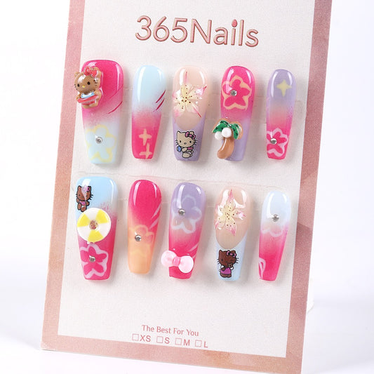 365Nails Candy Ombre Island Vibes with Hand-Painted Flowers, 3D Beach Charms and Cute Cartoon Decals Press-On Nails