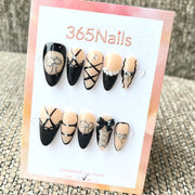 365nails : « Noir Ribbon » — ongles press-on forme stiletto fait main avec nœud 3D et dentelle