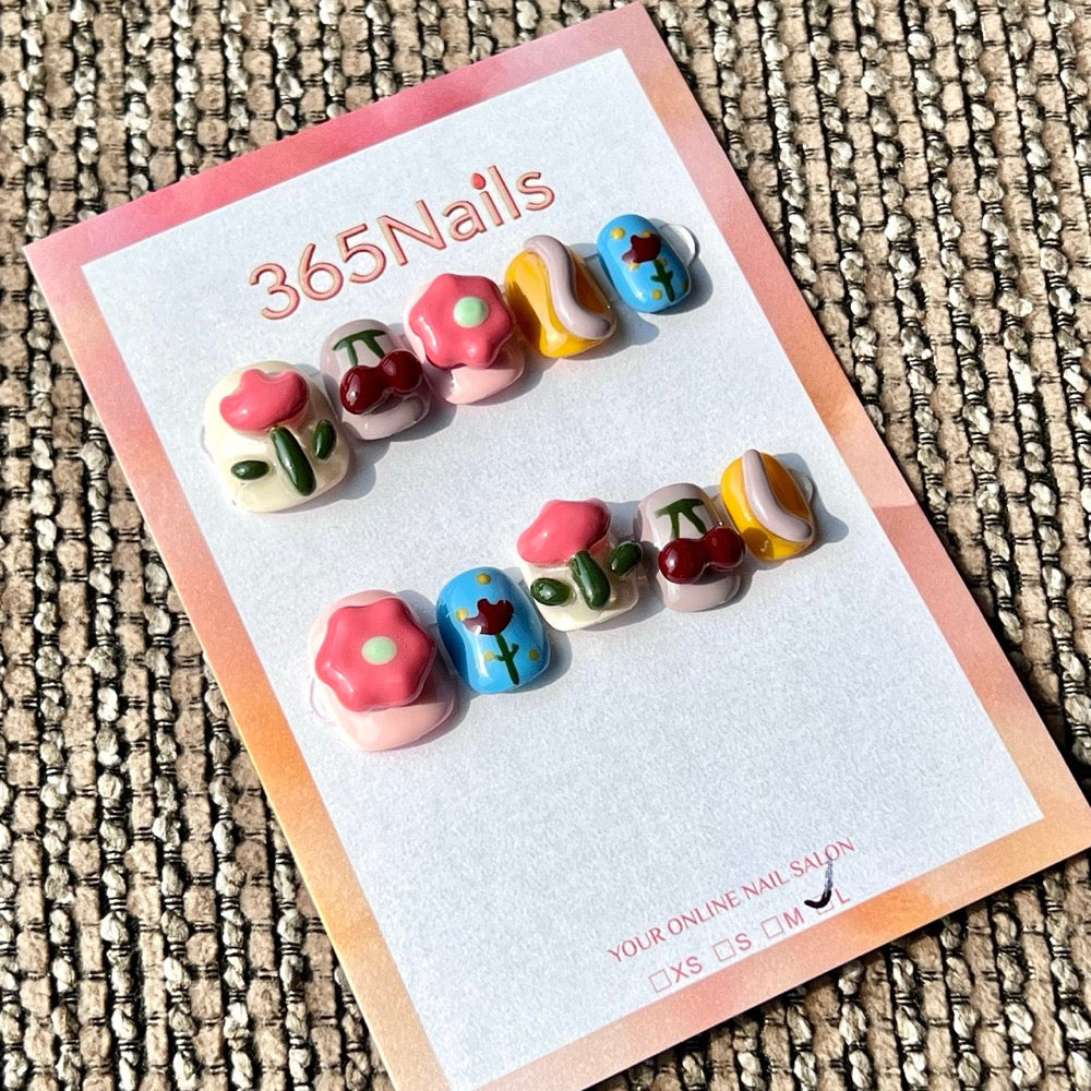 365nails 可愛3D花朵櫻桃混搭 手工製 短款方圓形穿戴甲