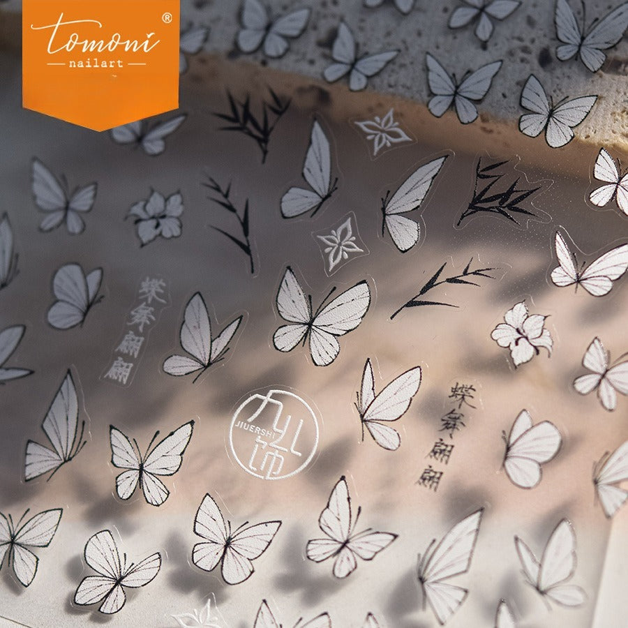 White Ink Butterfly Nail Stickers – 5D Embossed Oriental Art Set