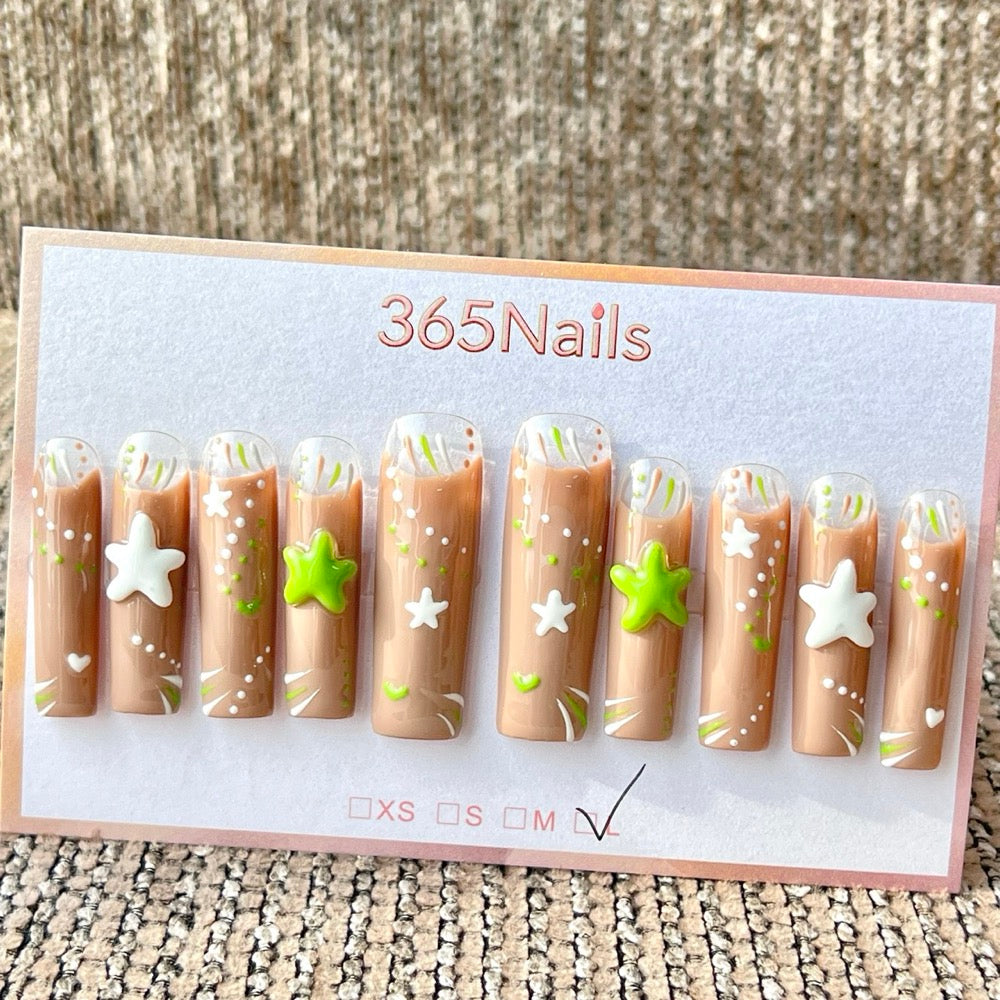 365nails: "Brown Green Star Ocean Beach Long" – Handmade Long Trapezoid Press-On Nails