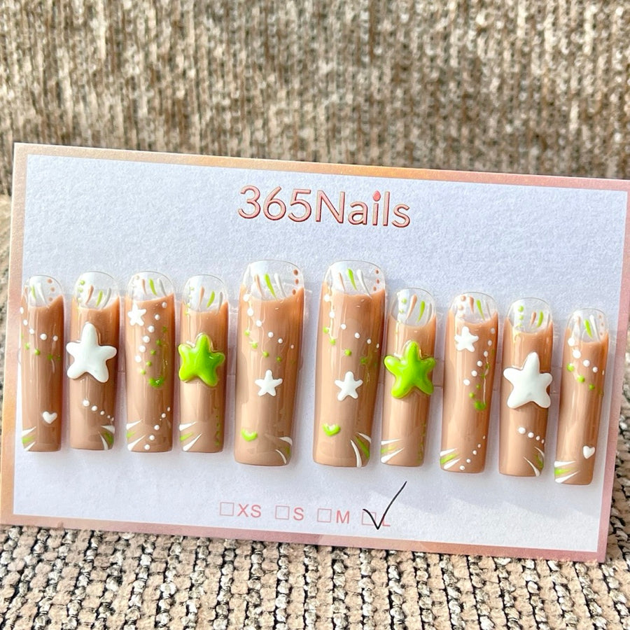 365nails: 브라운·그린 스타 오션 비치 – 수제 사다리꼴형 롱 프레스온 네일